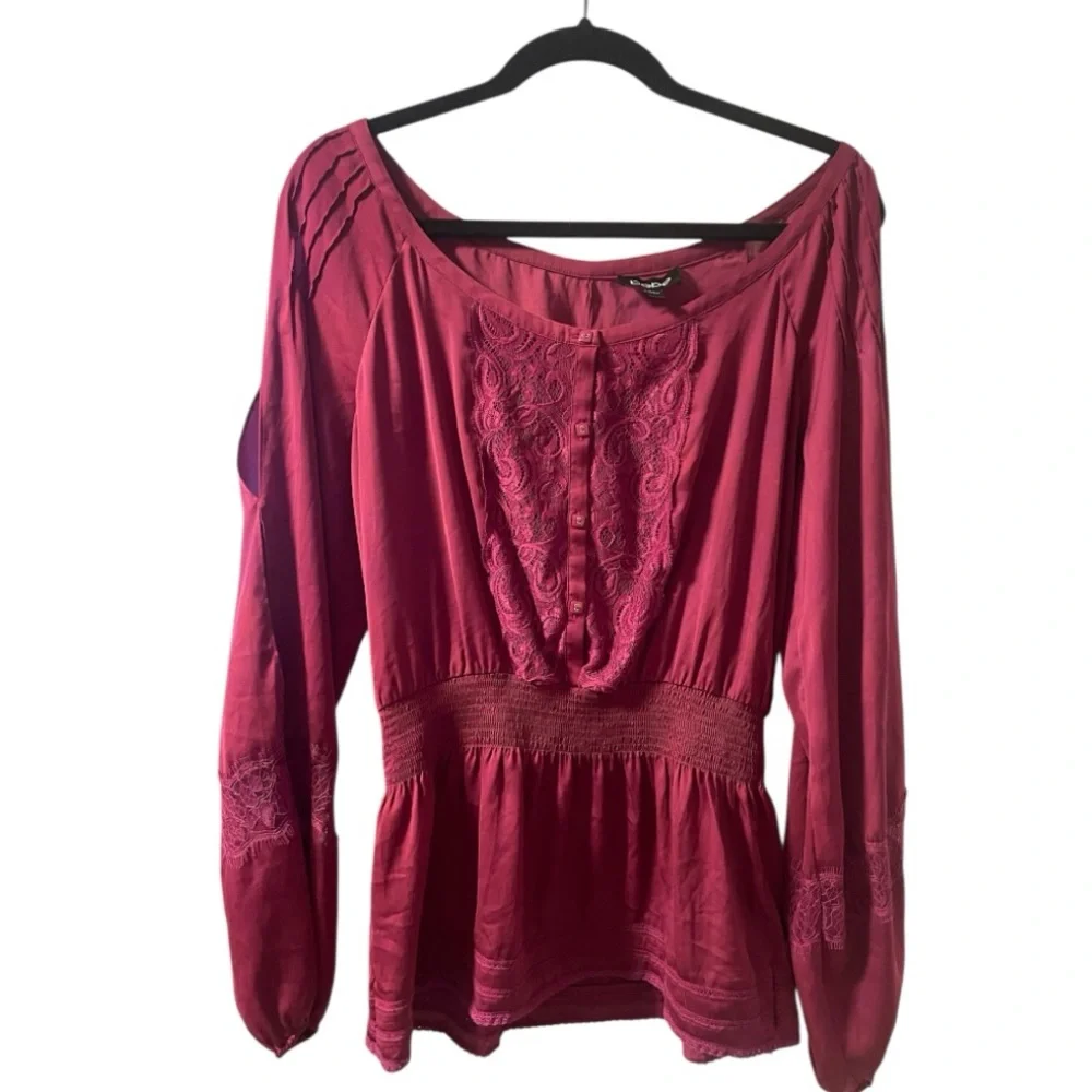Bebe Purple Long Sleeve Smocked Peplum Blouse - Picture 3 of 11
